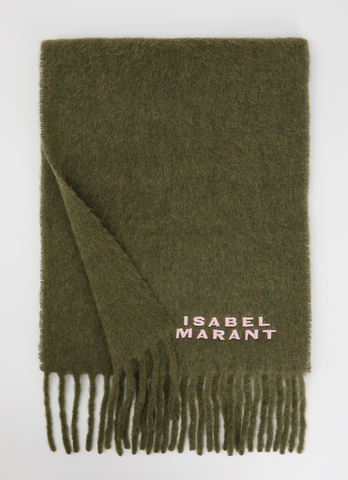 Isabel Marant Firny sjaal in alpaca wolblend met franjes 190 x 40 cm - voorkant mosgroen