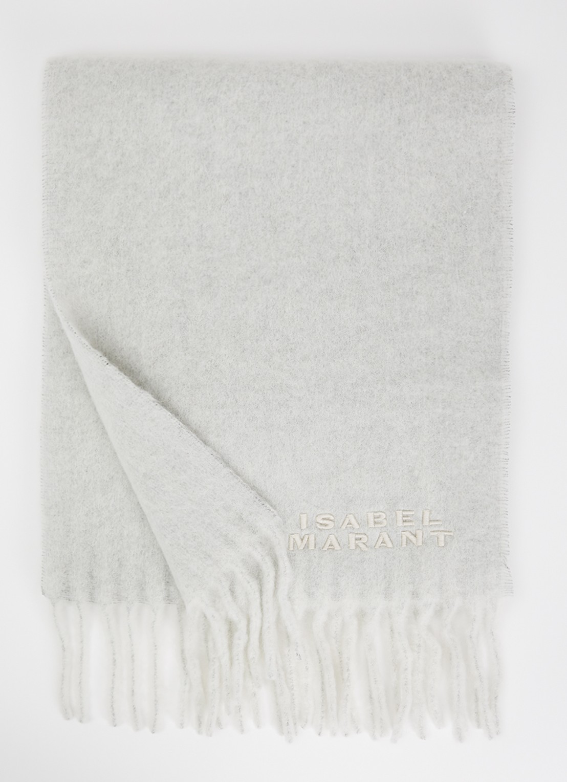 Isabel Marant Firny sjaal in alpaca wolblend met franjes 190 x 40 cm - voorkant 2 grijsmele