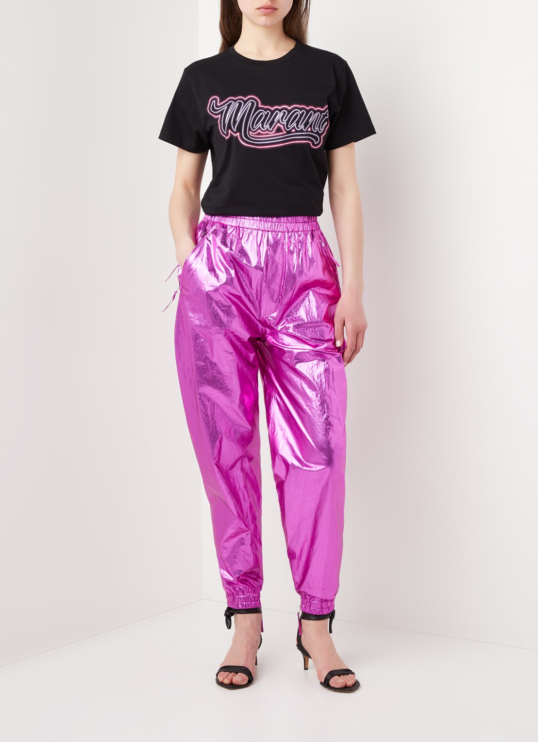Isabel Marant Galoni high waist tapered fit cropped broek met metallic finish - voorkant 2 fuchsia