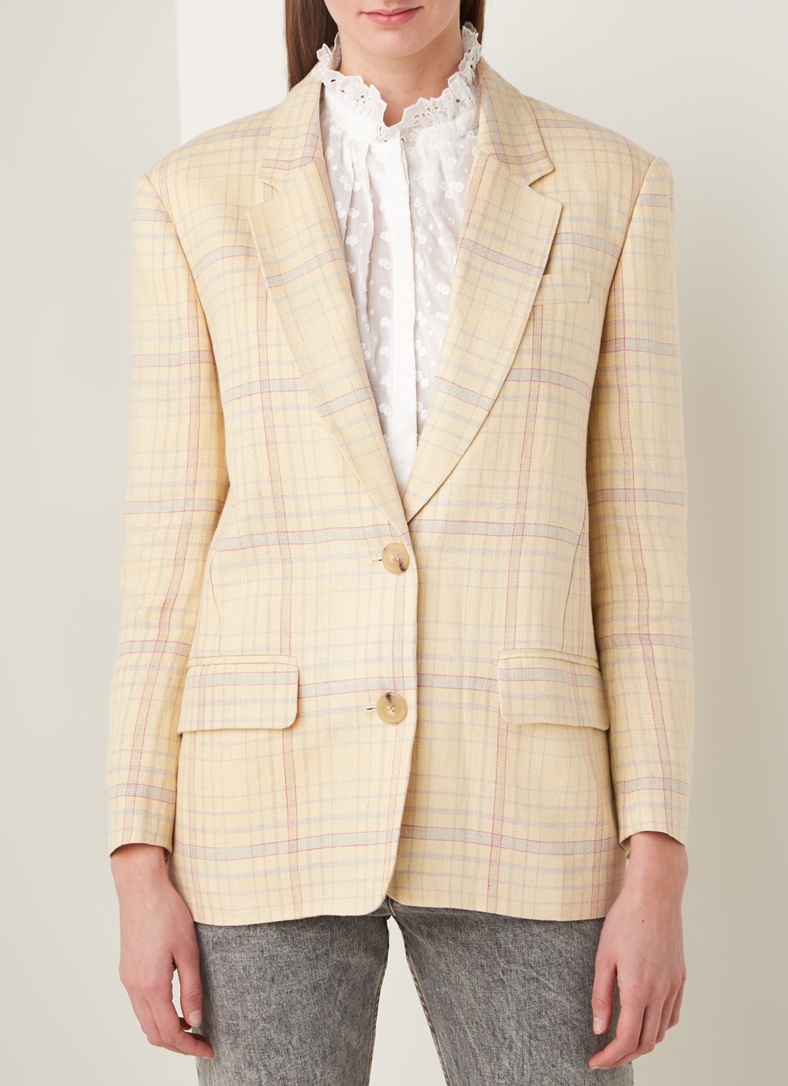 Isabel Marant Ilindea blazer van linnen met ruitdessin - detail lichtgeel