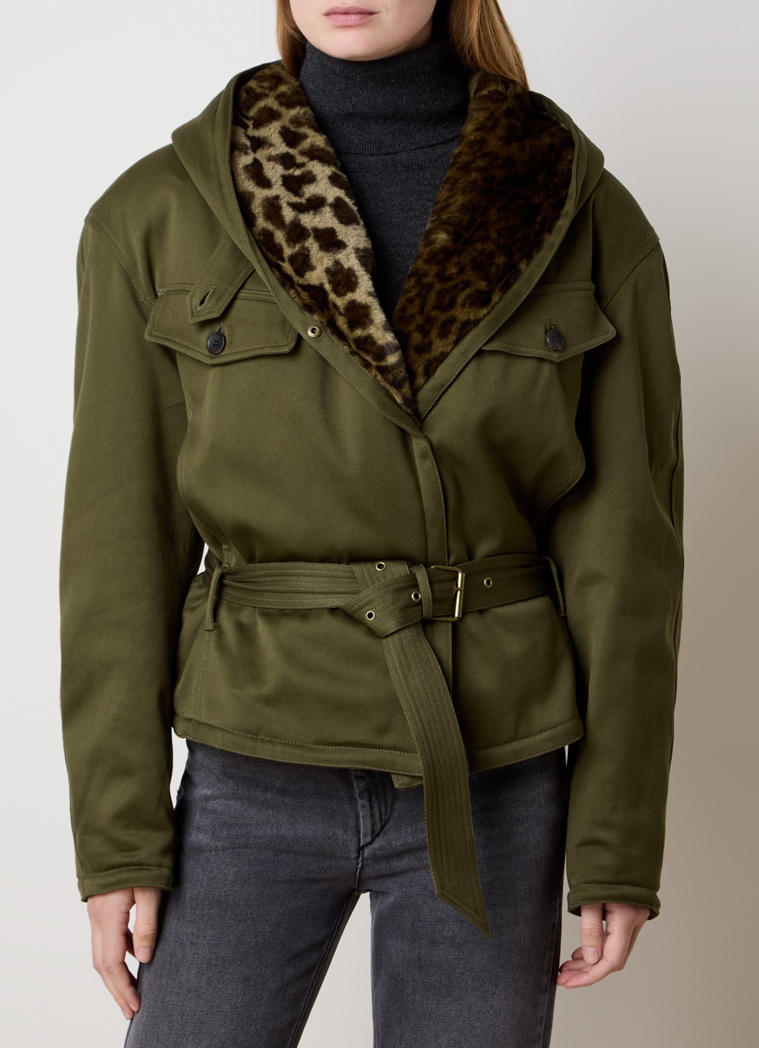 Isabel Marant Jerika jack met capuchon en ceintuur - detail 4 legergroen