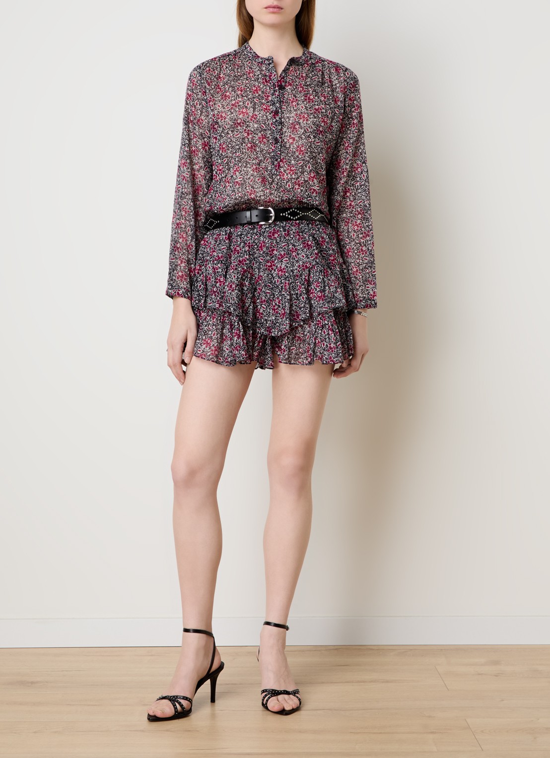 Isabel Marant Jocadia high waist wide fit korte broek met bloemenprint en ruches - voorkant 2 cranberryrood