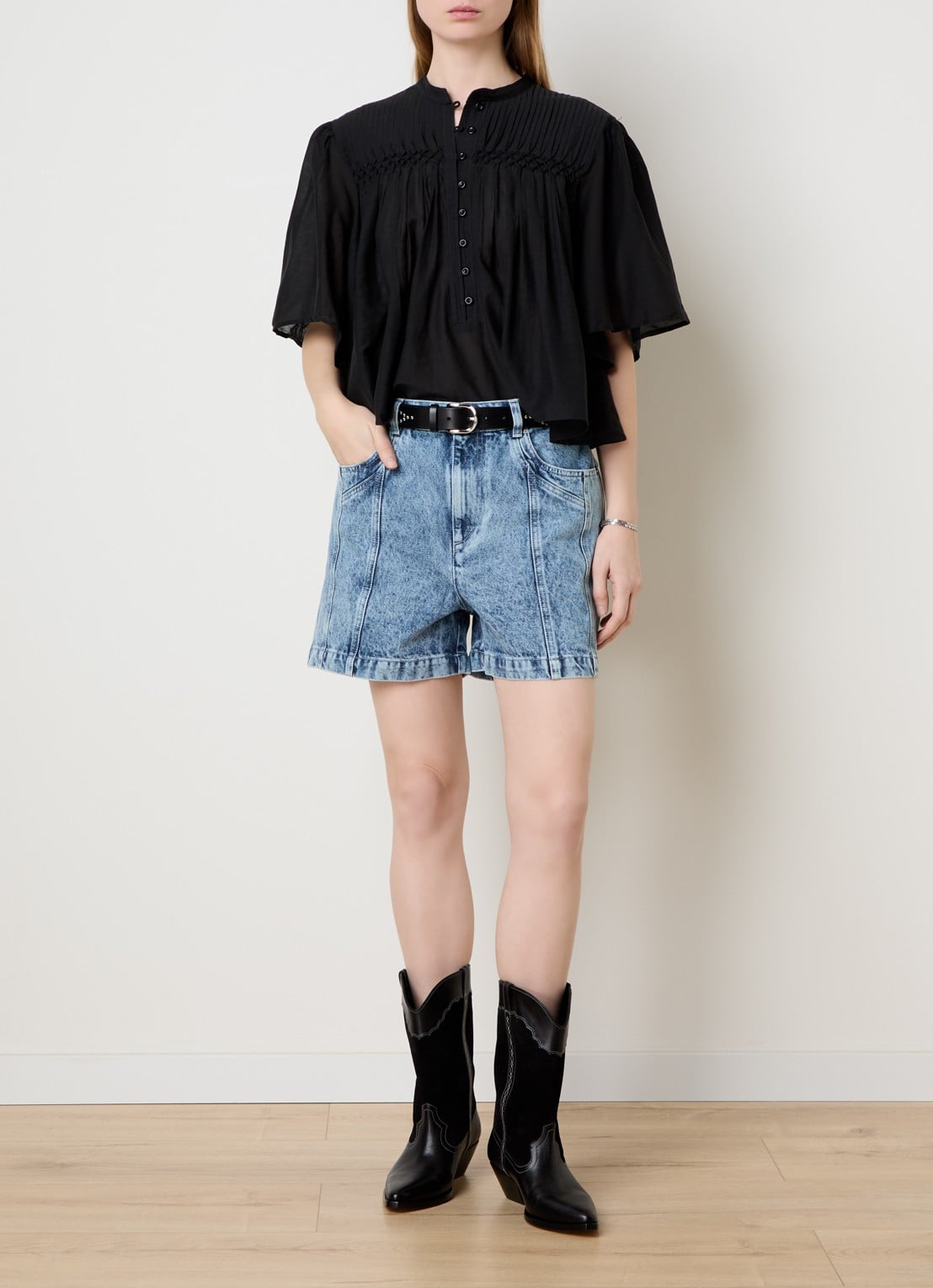 Isabel Marant Joely high waist straight fit korte broek met steekzakken - voorkant 3 indigo
