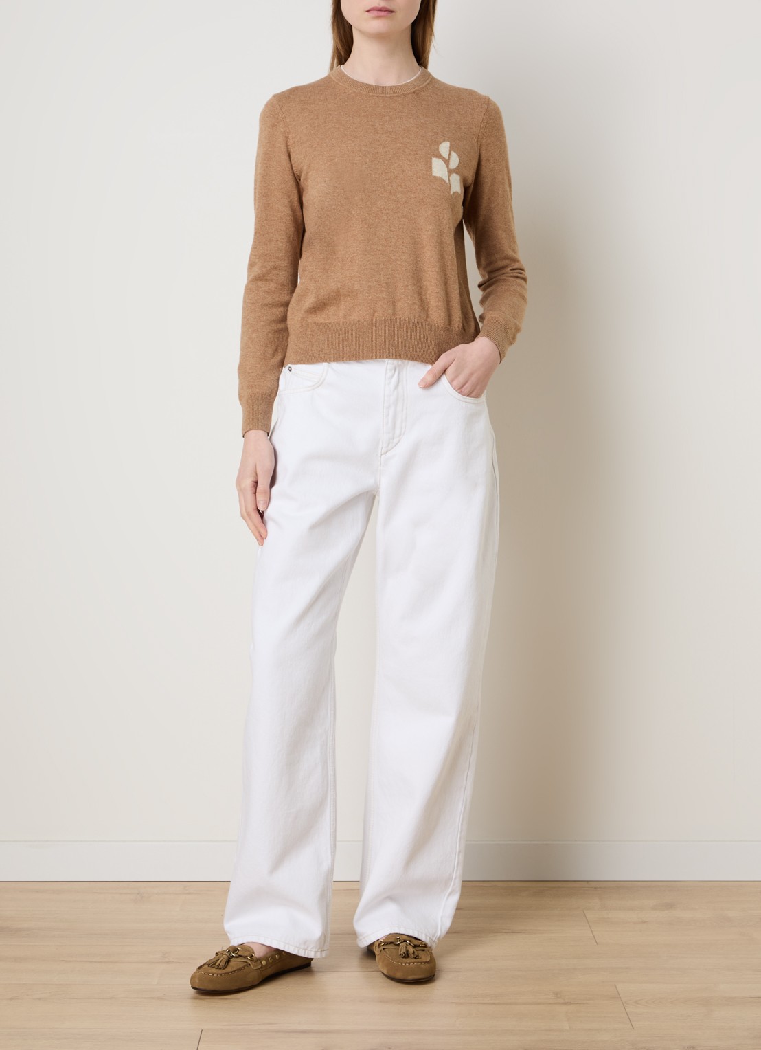 Isabel Marant Lanta fijngebreide trui in wolblend met ingebreide logo - voorkant 5 camel
