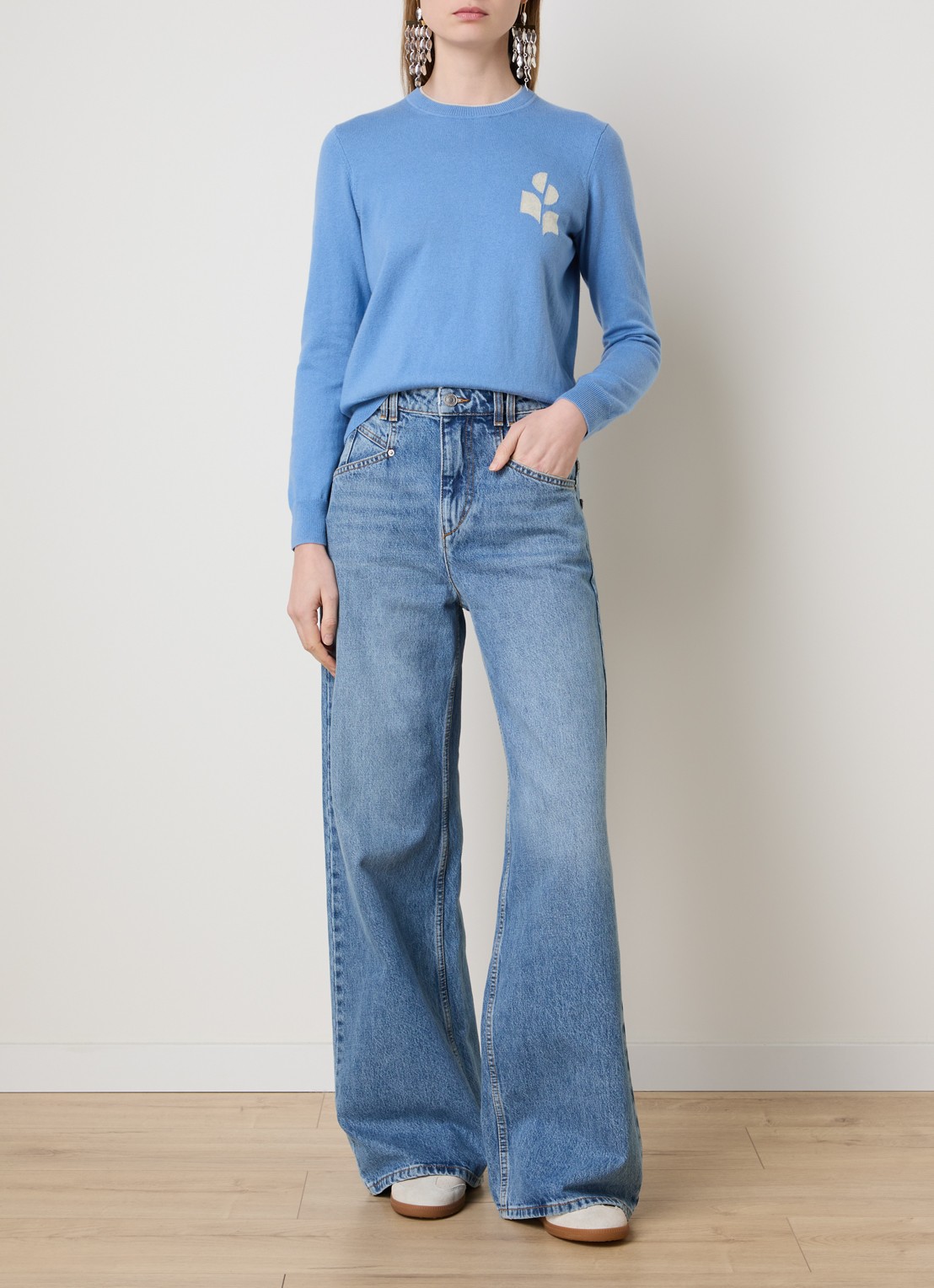 Isabel Marant Lanta fijngebreide trui in wolblend met ingebreide logo - voorkant 5 blauwgrijs