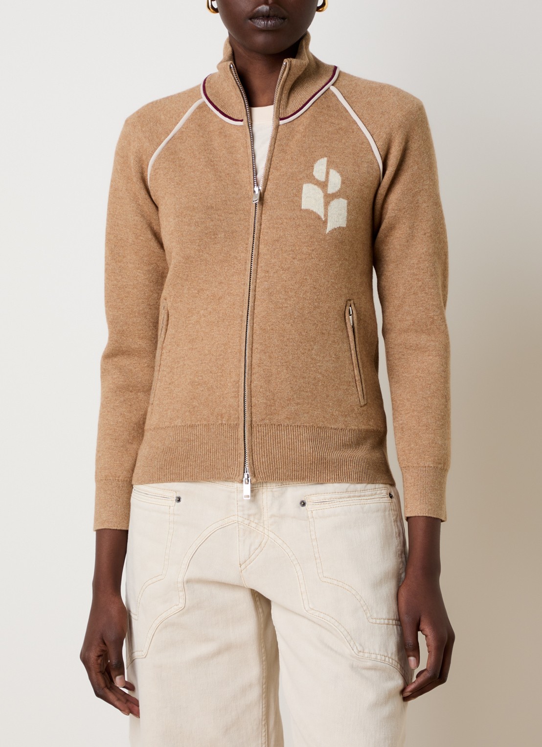 Isabel Marant Lanya fijngebreid vest in wolblend met ingebreid logo - detail 2 camel