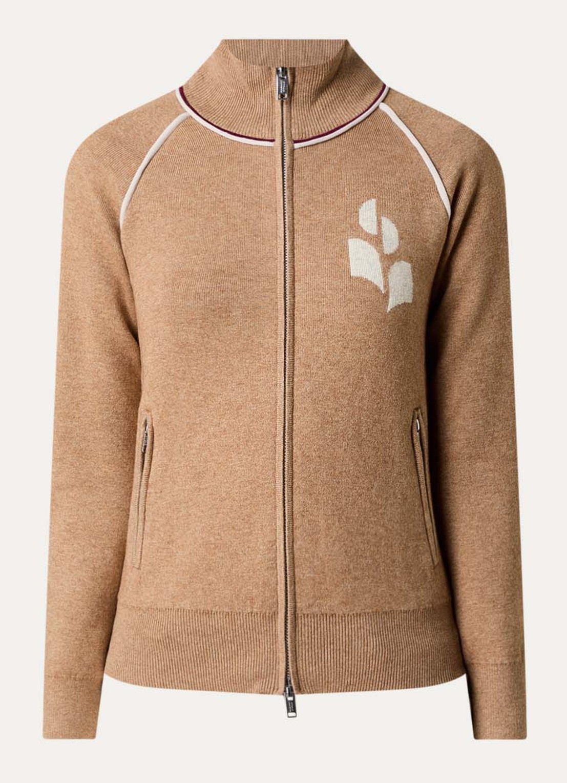 Isabel Marant Lanya fijngebreid vest in wolblend met ingebreid logo - voorkant 4 camel