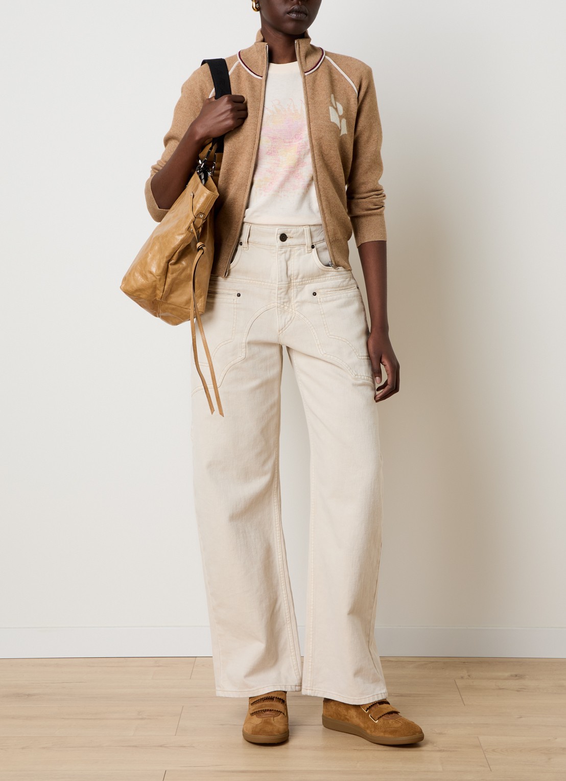 Isabel Marant Lanya fijngebreid vest in wolblend met ingebreid logo - voorkant 5 camel