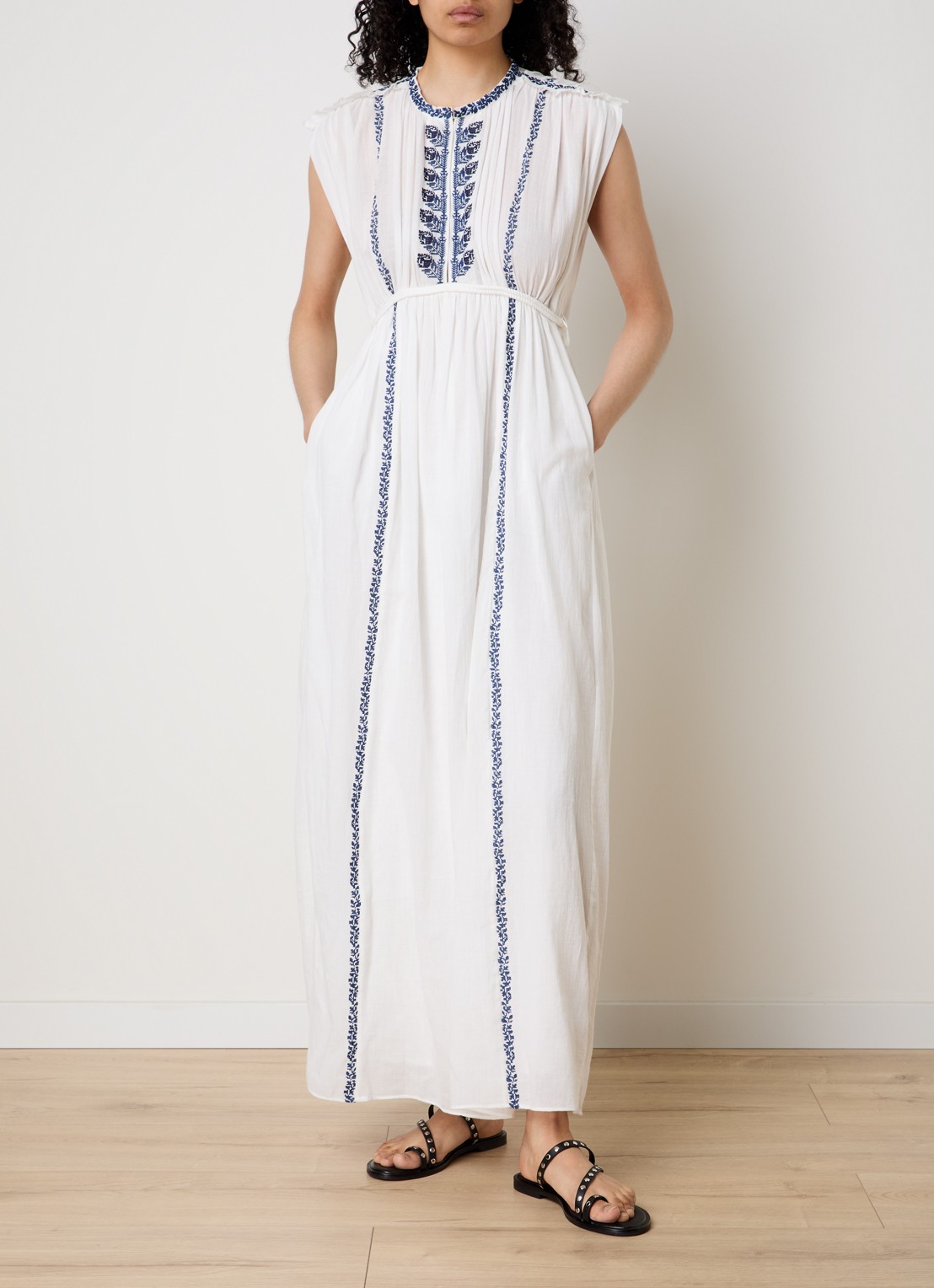 Isabel Marant Liviane maxi tuniekjurk met strikceintuur en borduring - detail 2 gebroken wit