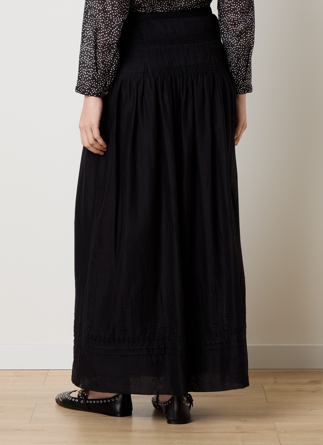 Isabel Marant Loraine maxi rok met borduring en volant - achterkant zwart