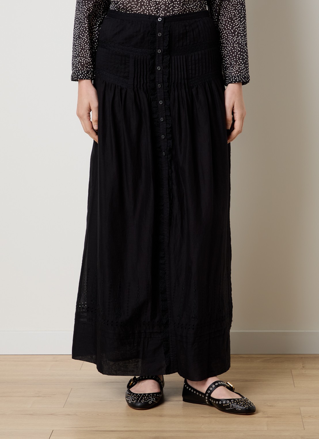 Isabel Marant Loraine maxi rok met borduring en volant - detail 2 zwart