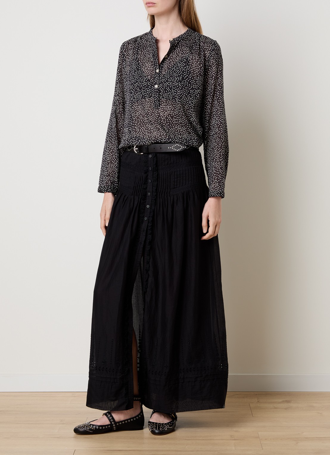 Isabel Marant Loraine maxi rok met borduring en volant - voorkant 5 zwart