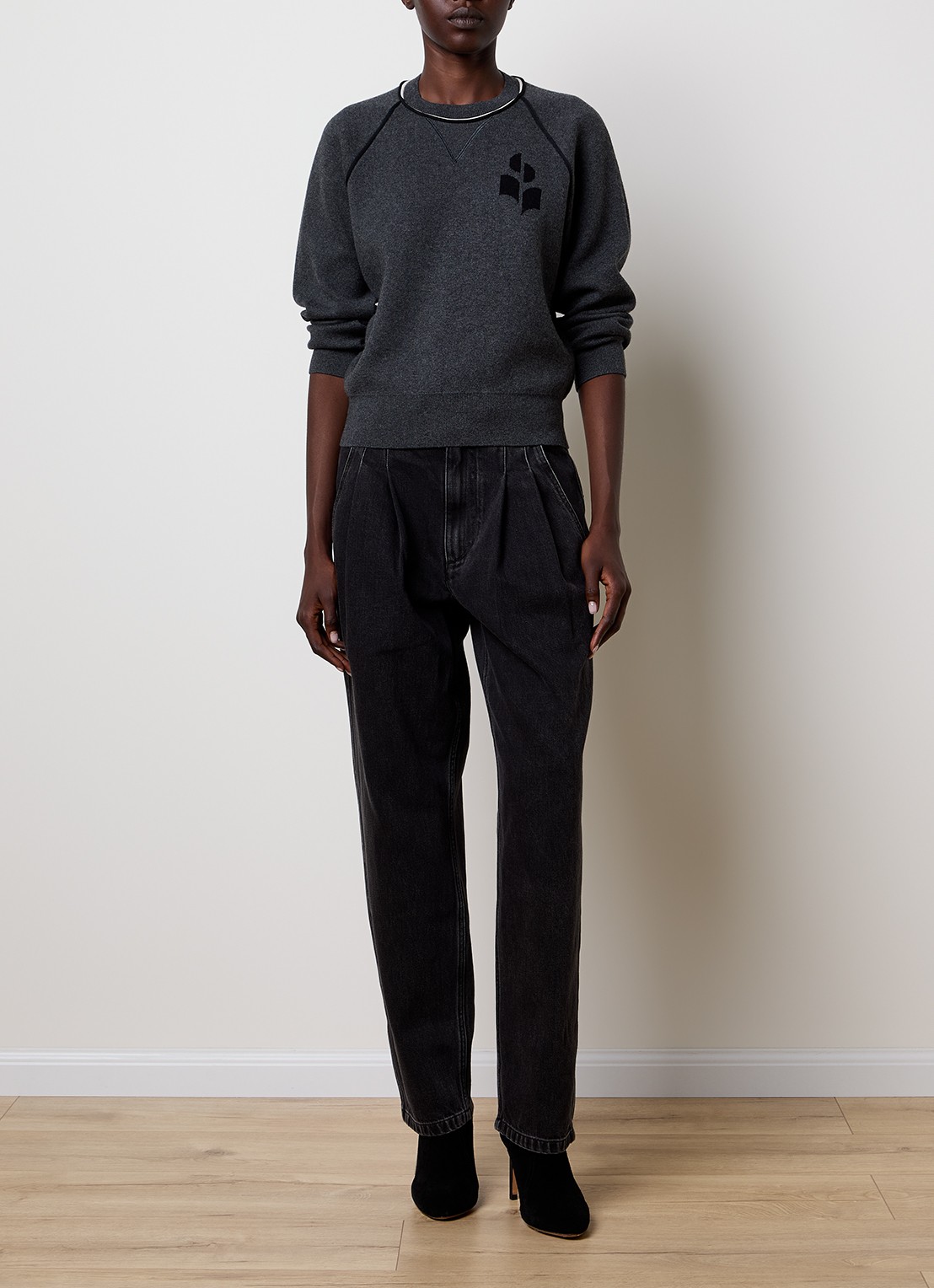 Isabel Marant Loriby sweater in wolblend met logo - voorkant 4 antraciet