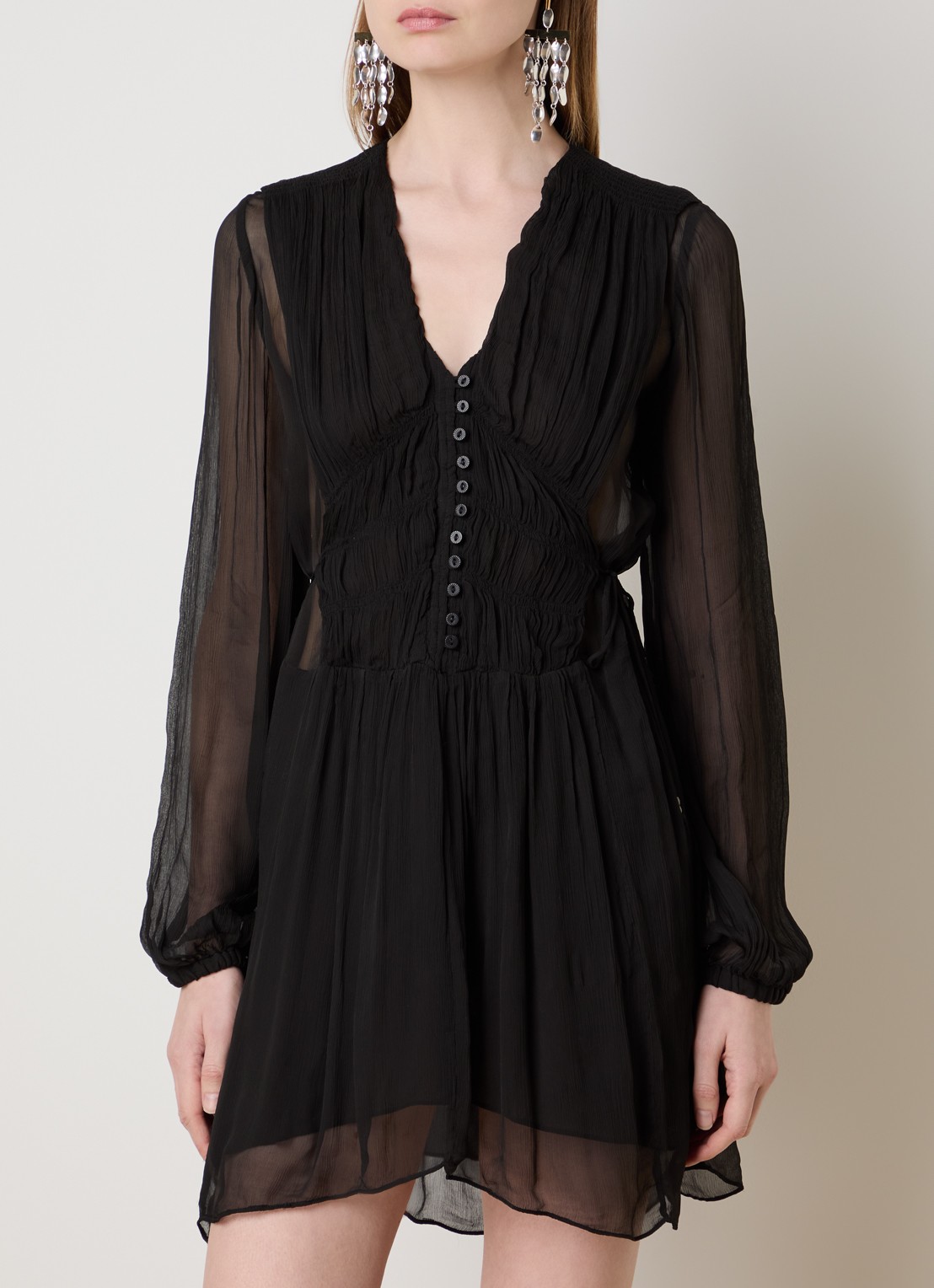 Isabel Marant Loriena semi-transparante mini blouse jurk met V-hals - detail 2 zwart