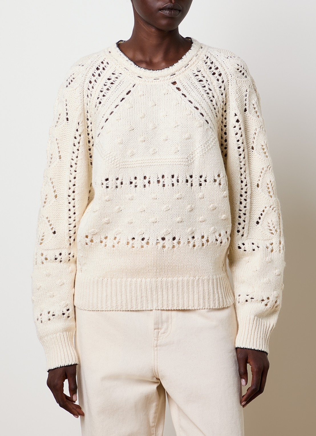 Isabel Marant Luce grofgebreide pullover in merino wolblend met opengewerkt dessin - detail 4 gebroken wit