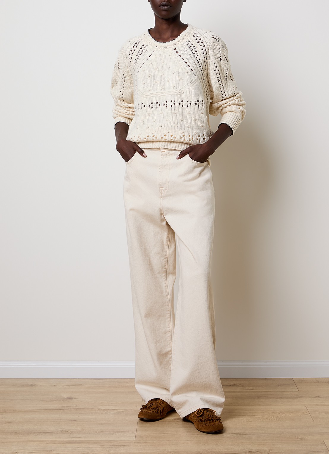 Isabel Marant Luce grofgebreide pullover in merino wolblend met opengewerkt dessin - voorkant 3 gebroken wit