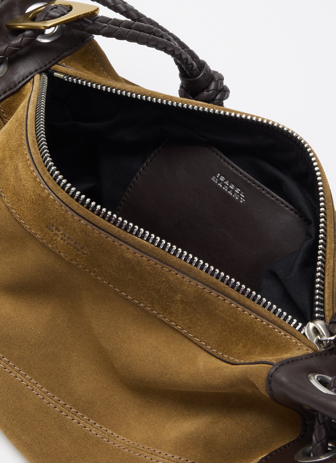 Isabel Marant Maia medium schoudertas van kalfssuède met verstelbare schouderriem - detail cognac