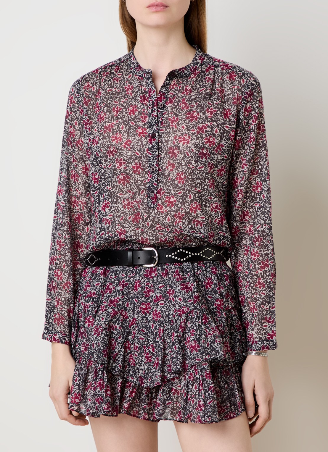 Isabel Marant Maria tuniek met bloemenprint - detail cranberryrood