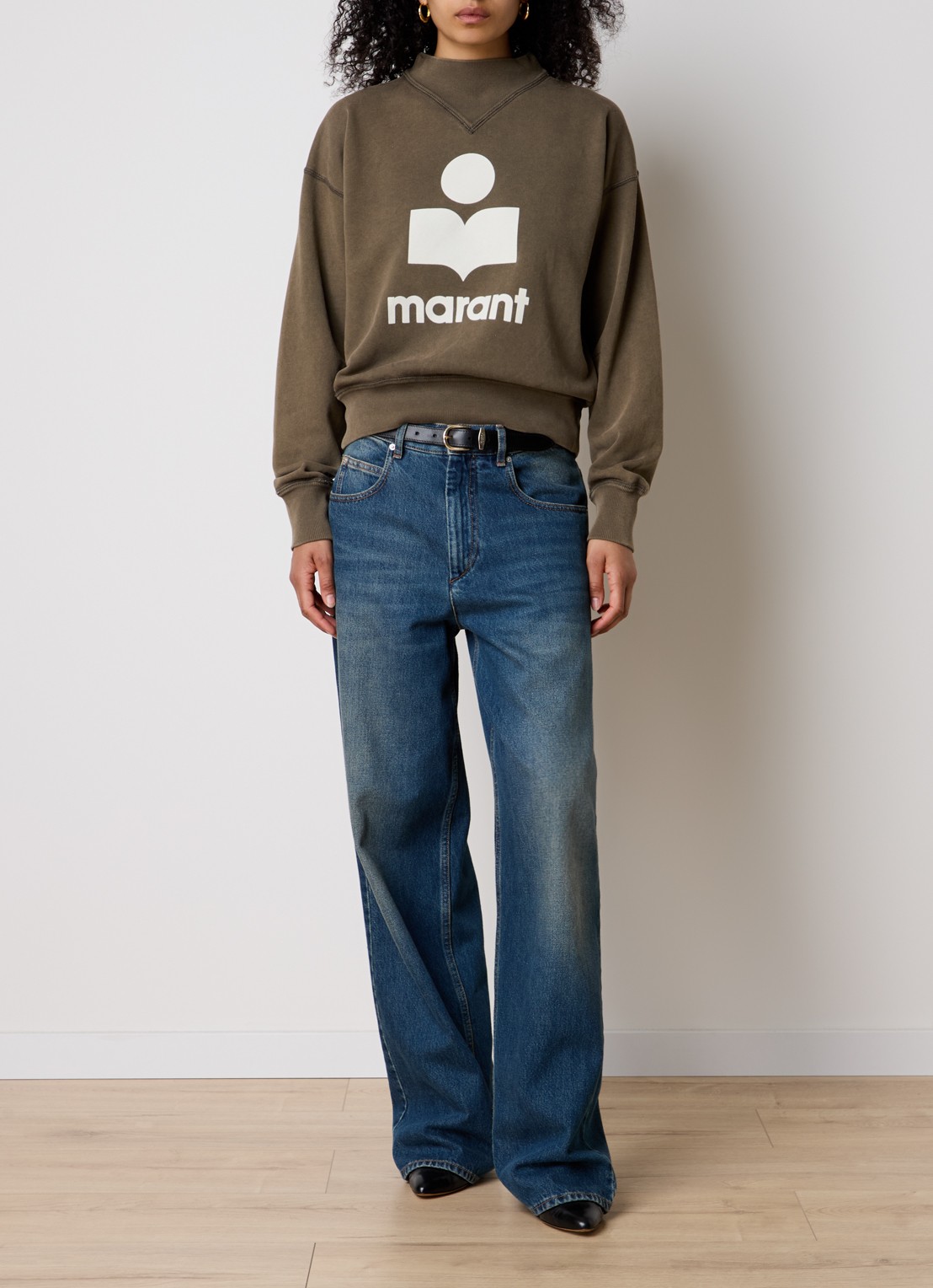 Isabel Marant Moby sweater met flock logoprint  - voorkant 3 khaki