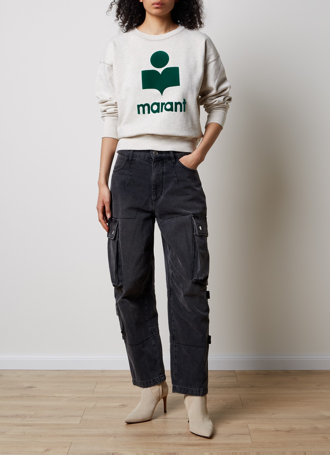 Isabel Marant Mobyli sweater met flock logoprint - voorkant 5 grijsmele