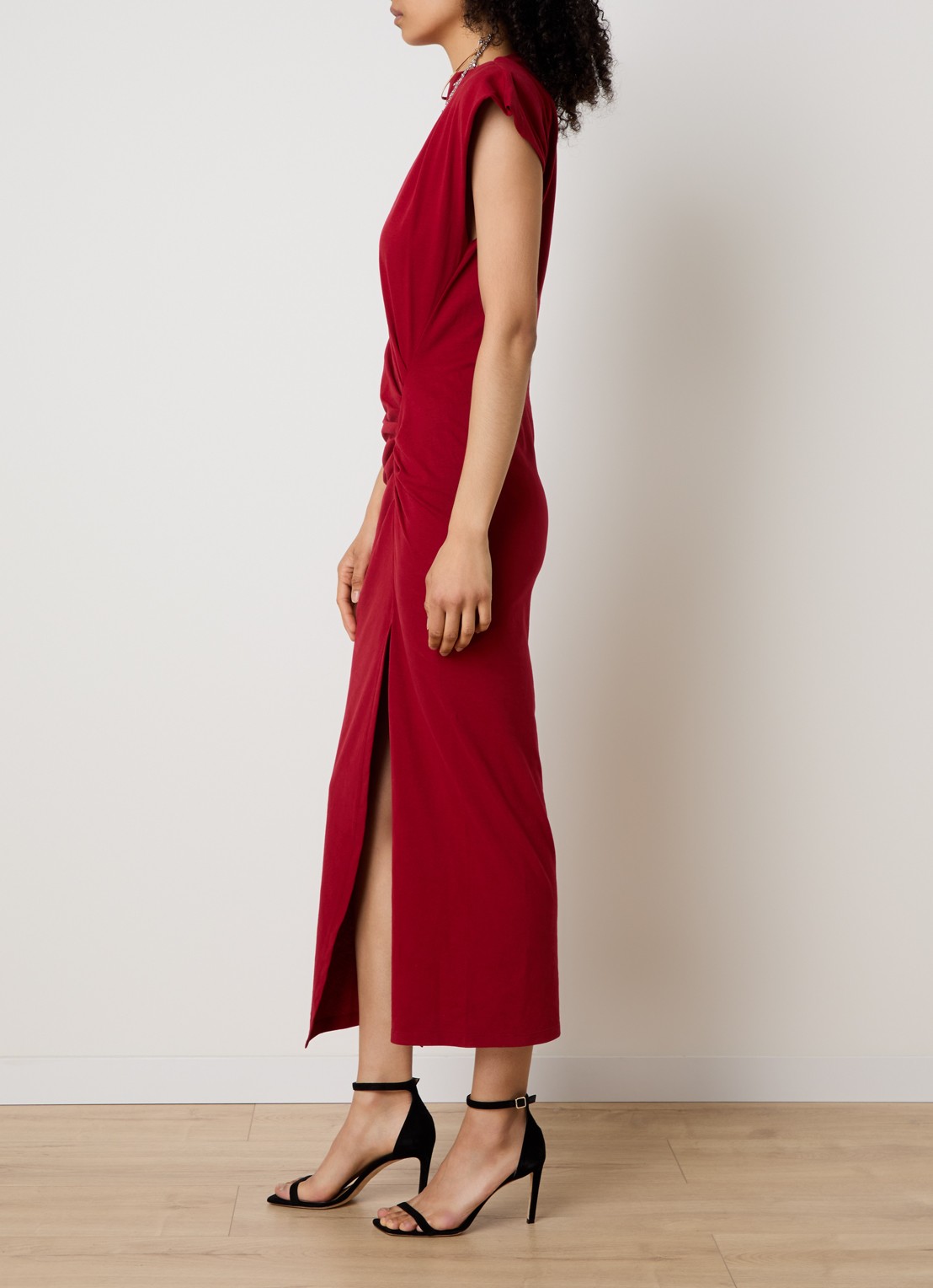 Isabel Marant Nadela maxi jurk met plooidetail en split - voorkant 4 cranberryrood