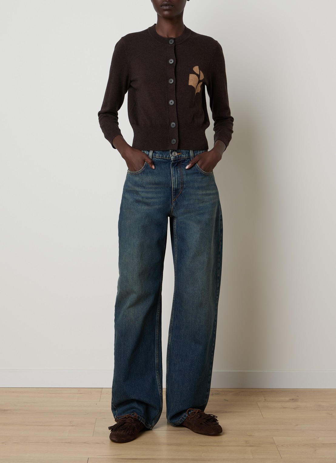 Isabel Marant Newton fijngebreid vest in wolblend met logo - voorkant 4 chocoladebruin