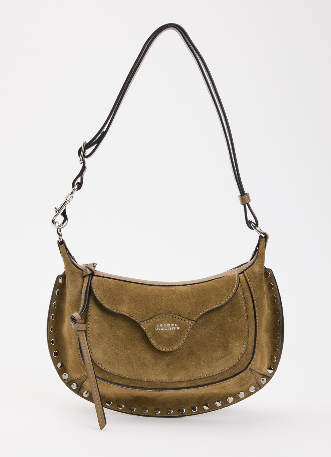 Isabel Marant Oskan Moon Pocket schoudertas van suède met studs en verstelbare schouderriem - voorkant 2 olijfgroen