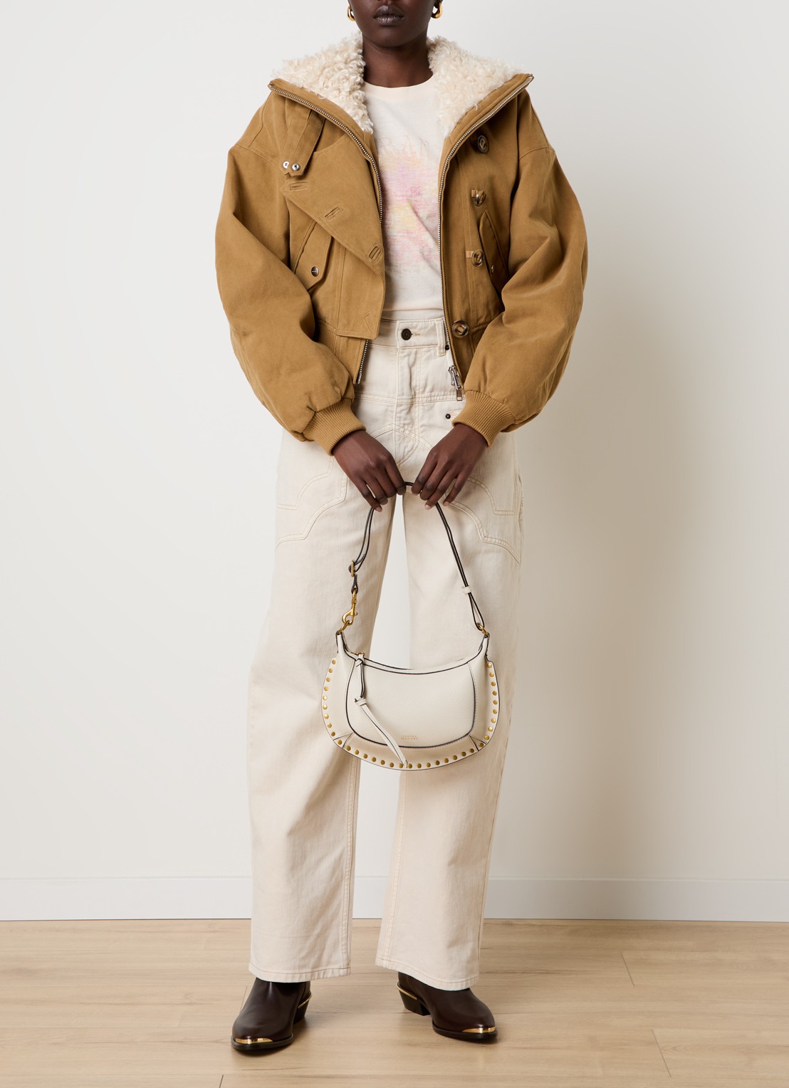 Isabel Marant Oskan Moon schoudertas van leer met studs - voorkant 7 gebroken wit
