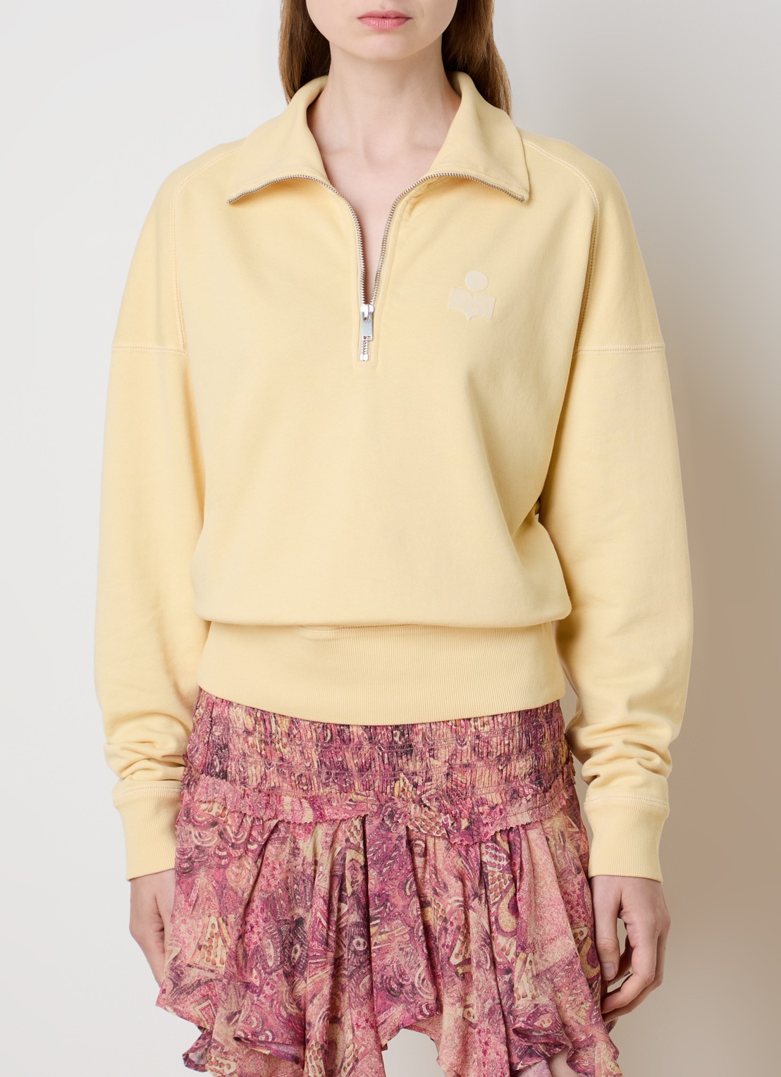 Isabel Marant Ross sweater met halve rits en flock logoprint - detail 3 lichtgeel