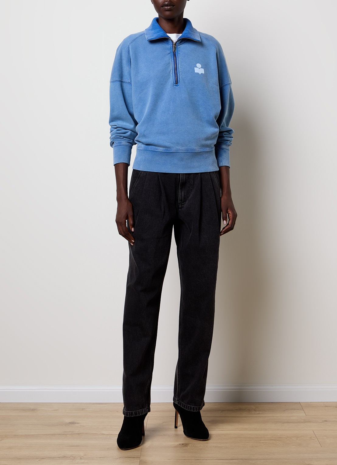 Isabel Marant Ross sweater met halve rits en flock logoprint - voorkant 2 blauw