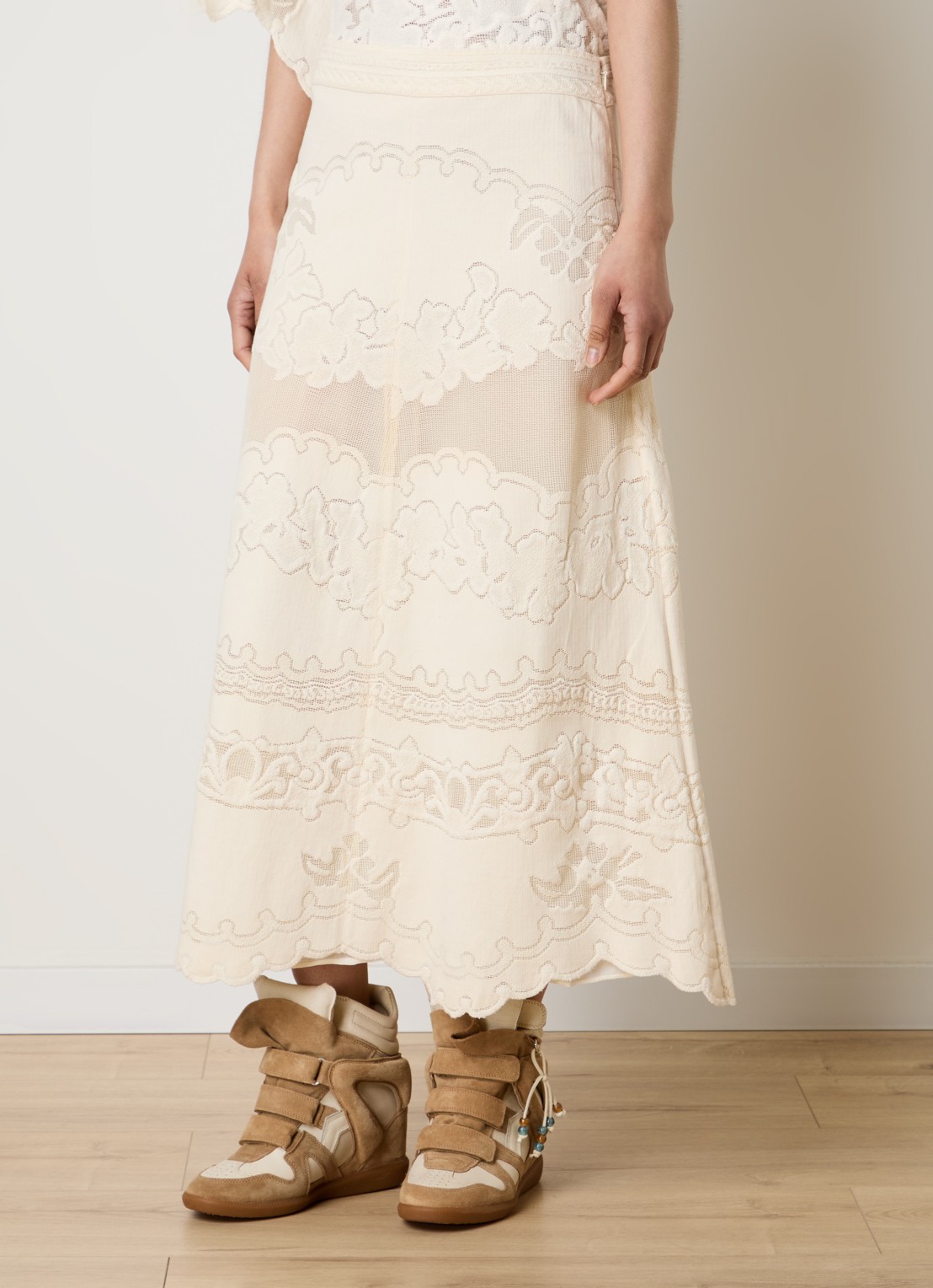 Isabel Marant Sanaya high waist midi rok met broderie - detail 2 vanillegeel
