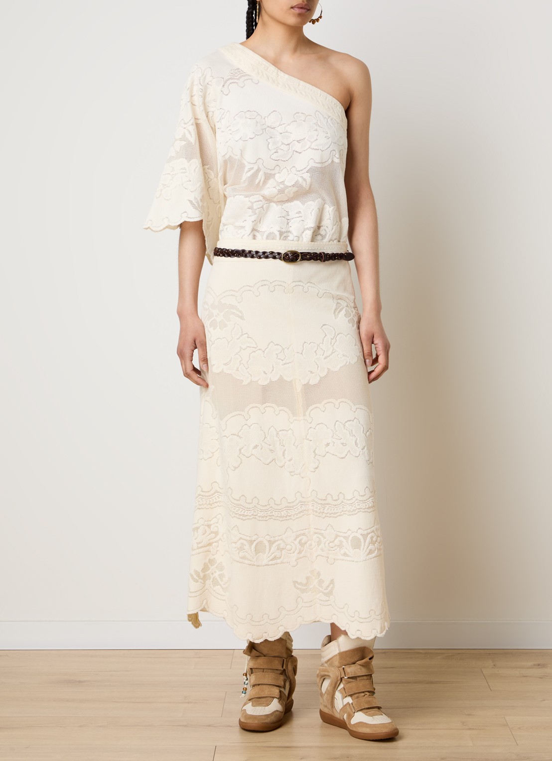 Isabel Marant Sanaya high waist midi rok met broderie - voorkant 5 vanillegeel