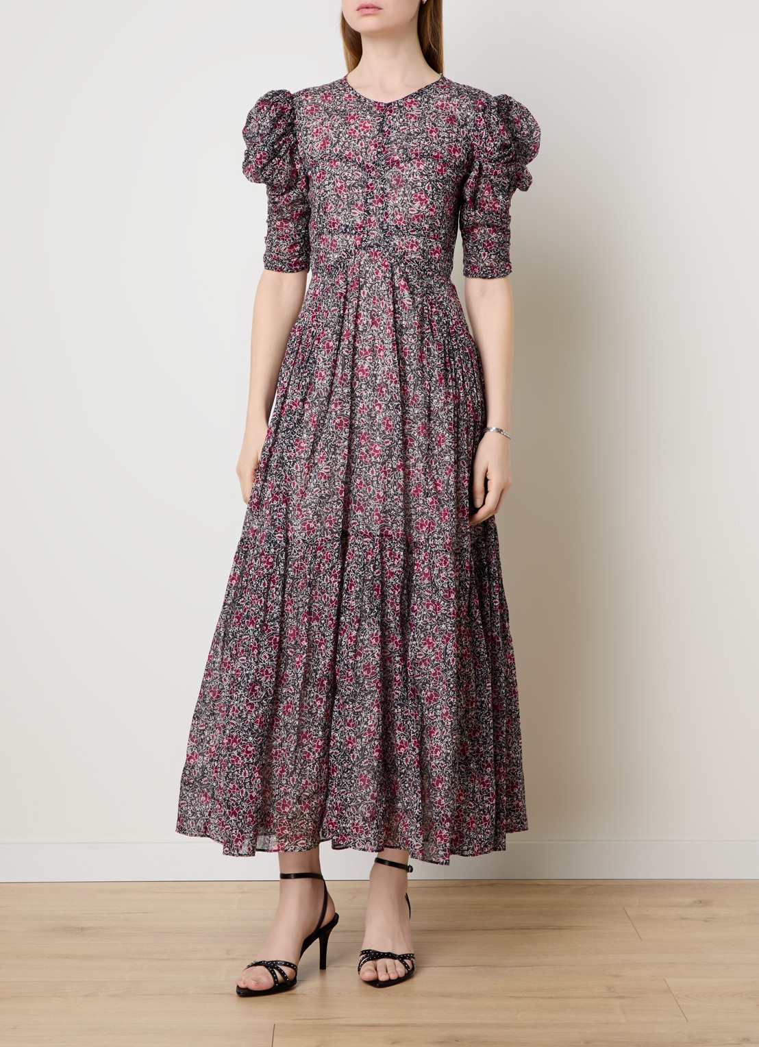 Isabel Marant Sichellia maxi jurk met bloemenprint en rugdecolleté - detail 3 cranberryrood