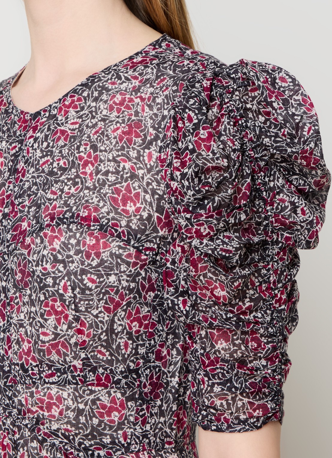 Isabel Marant Sichellia maxi jurk met bloemenprint en rugdecolleté - detail 4 cranberryrood