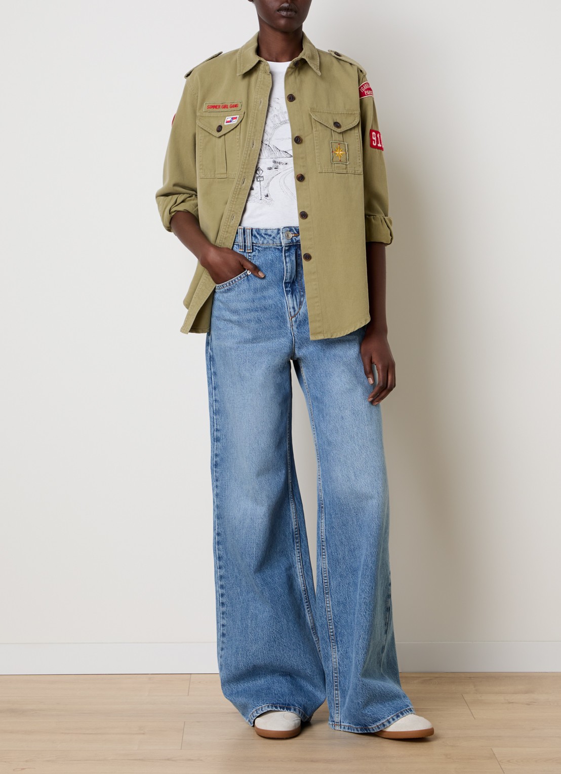 Isabel Marant Umberta blouse met klepzakken en borduring - voorkant 4 olijfgroen