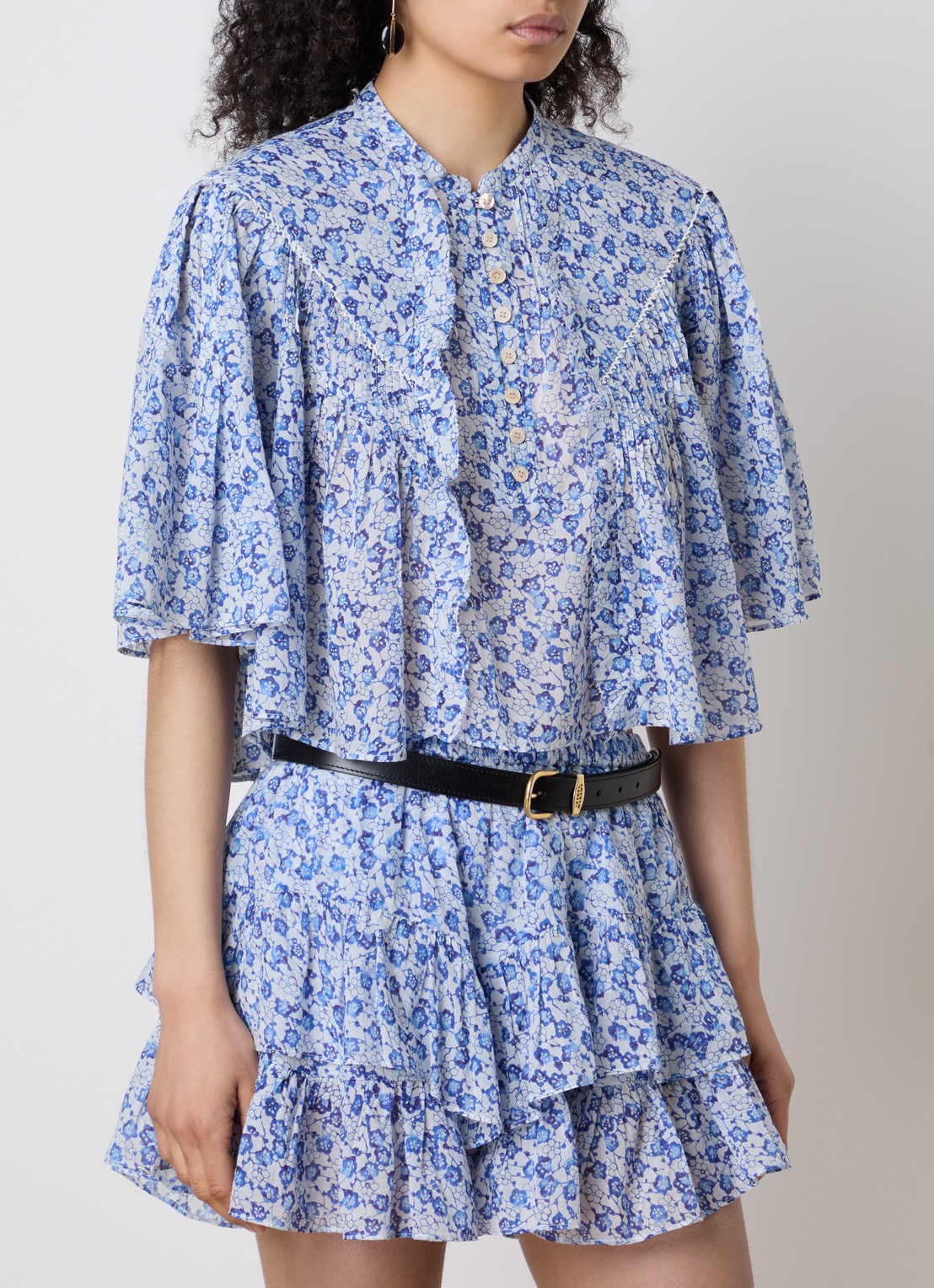 Isabel Marant Veelia tuniek met volant en print - detail 4 kobaltblauw