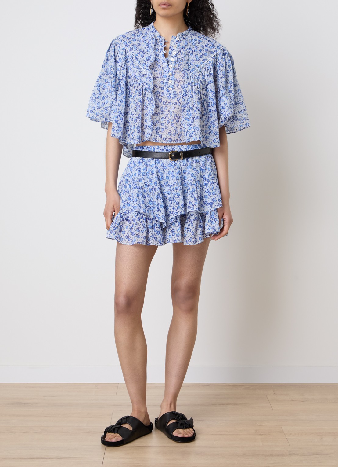 Isabel Marant Veelia tuniek met volant en print - voorkant 3 kobaltblauw