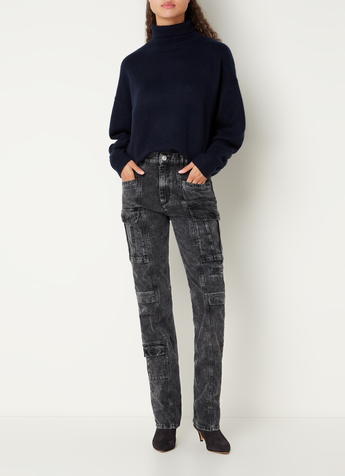 Isabel Marant Vokayo high waist straight fit cargobroek van denim - voorkant 2 zwart