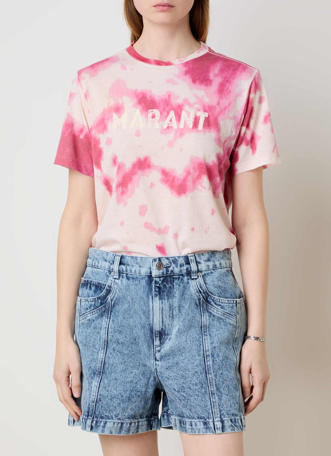 Isabel Marant Zewel T-shirt met logoprint en tie-dye dessin - detail 2 roze