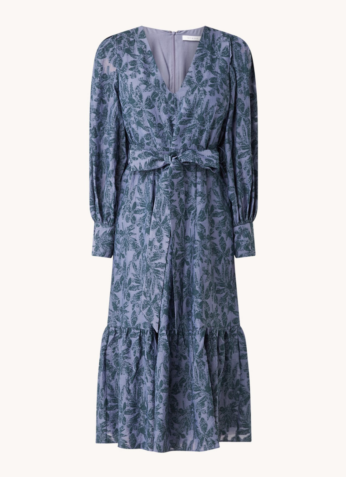 Ivy & Oak Midi jurk met pofmouw en volant - voorkant 2 paars