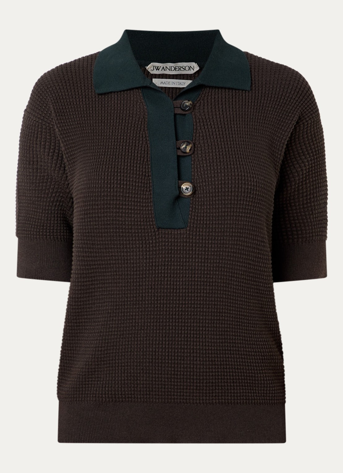 J.W. Anderson Grofgebreide polo in kasjmierblend met ribstructuur - voorkant 4 donkerbruin
