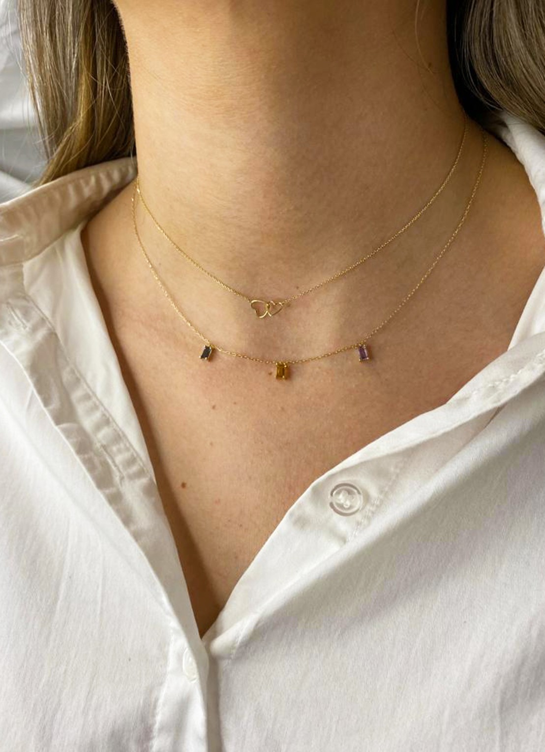 Jackie 14K Gold Double Heart ketting van 14 karaat geelgoud - voorkant 4 geelgoud