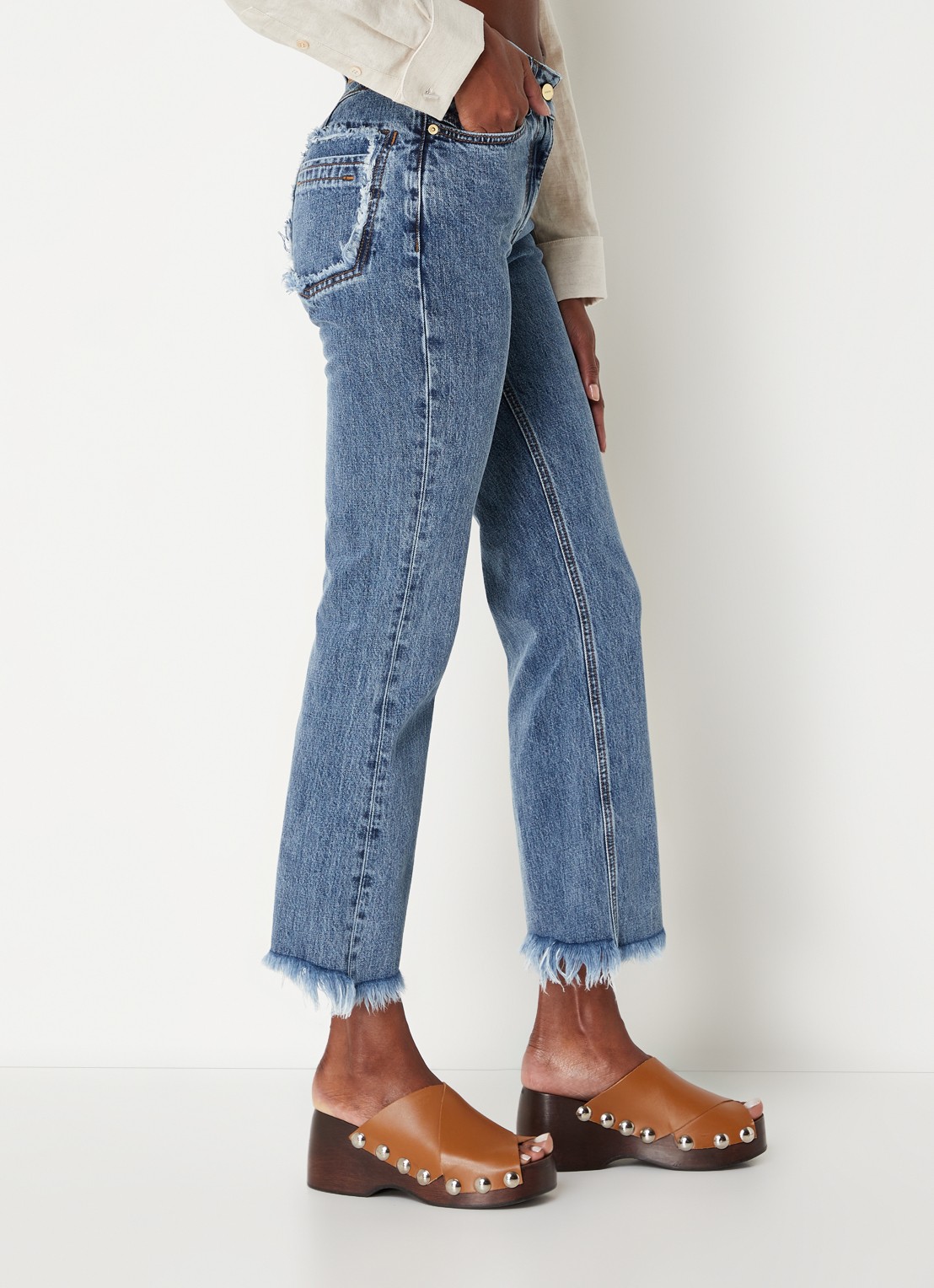 Jacquemus High waist flared fit cropped jeans met medium wassing - detail 5 indigo