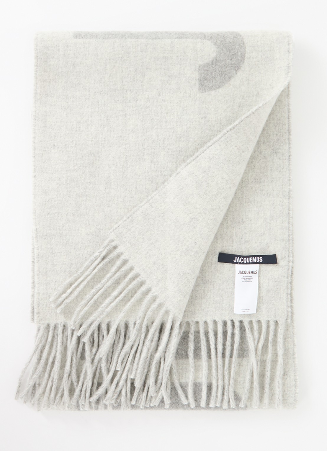 Jacquemus L'Echarpe sjaal van wol met logoprint 180 x 35 cm - voorkant lichtgrijs