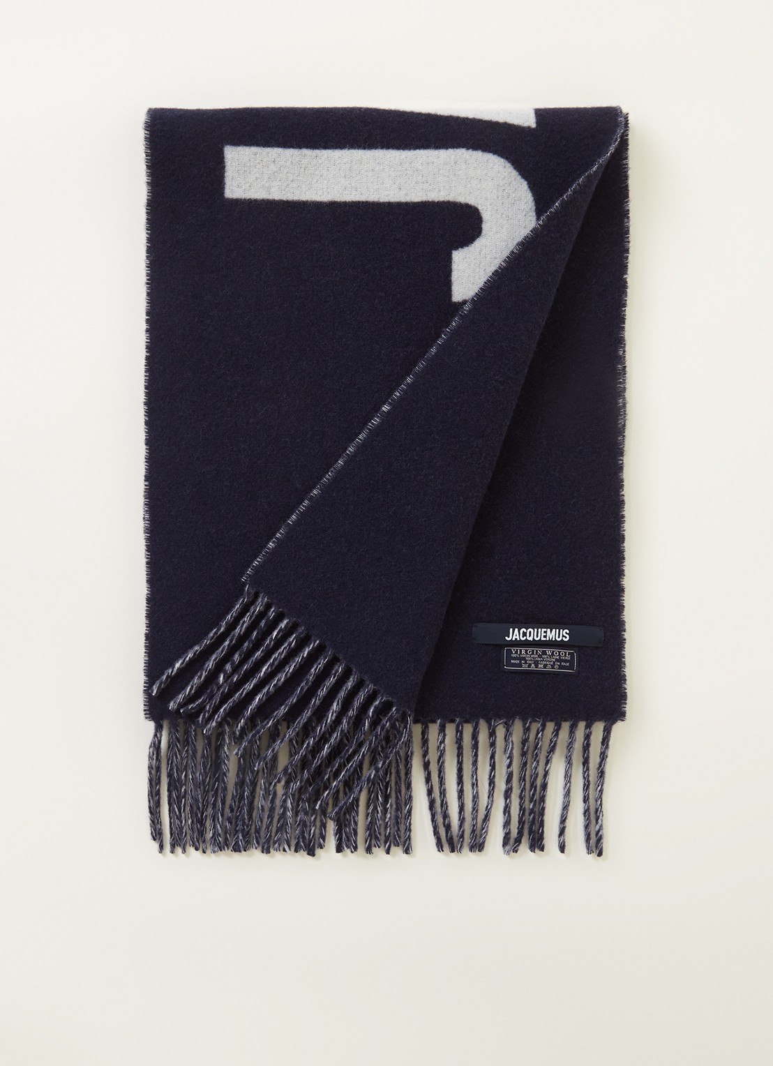 Jacquemus L'Echarpe sjaal van wol met logoprint 180 x 35 cm - voorkant donkerblauw