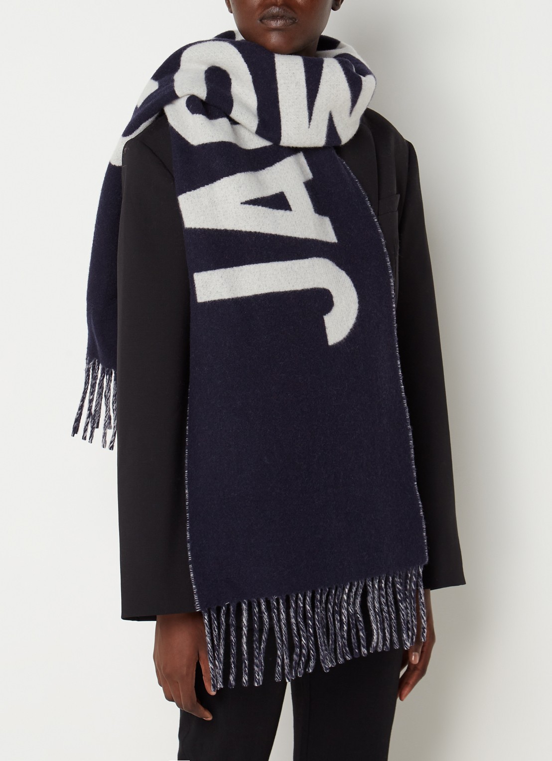 Jacquemus L'Echarpe sjaal van wol met logoprint 180 x 35 cm - voorkant 2 donkerblauw