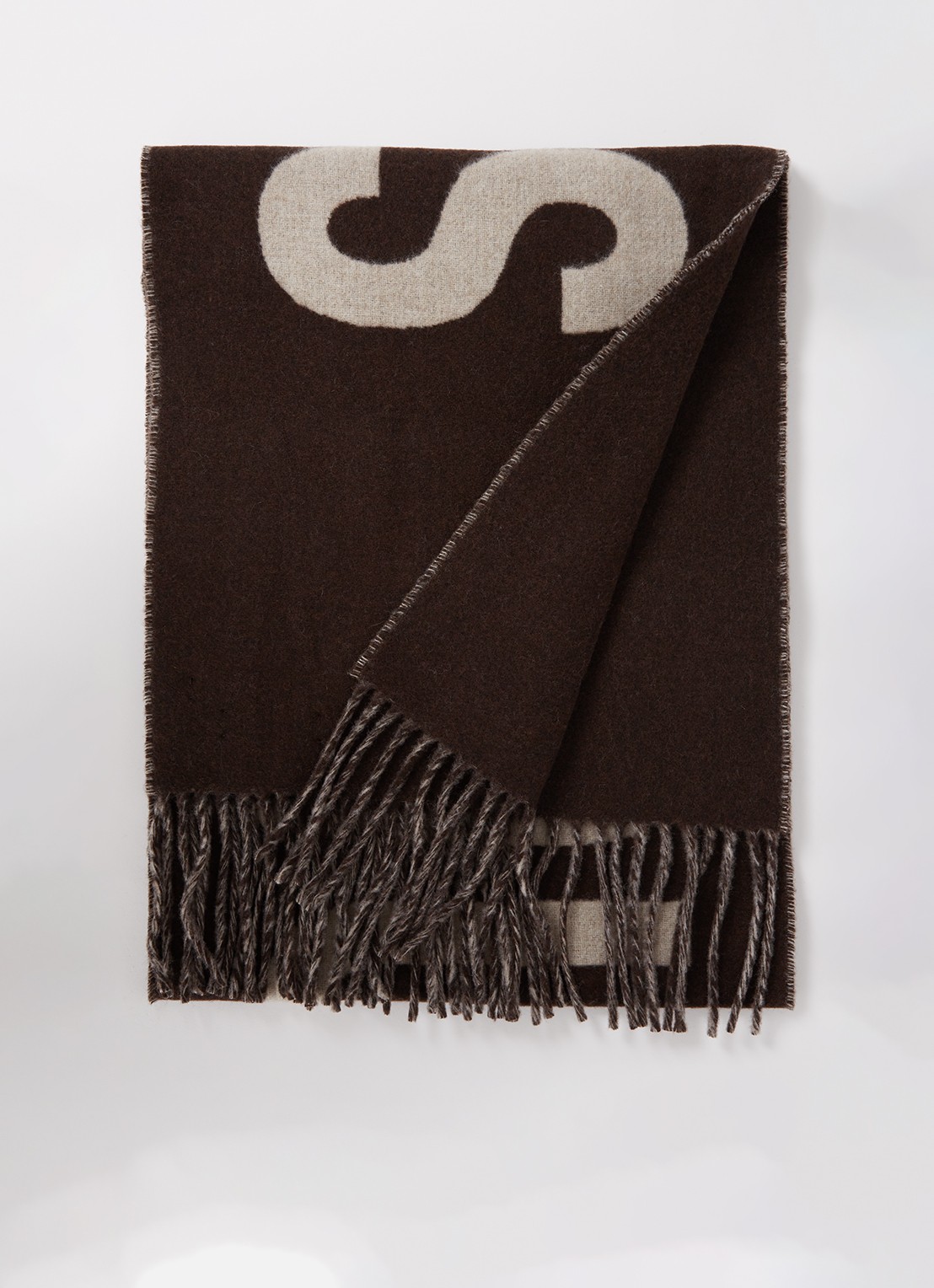 Jacquemus L'Echarpe sjaal van wol met logoprint 180 x 35 cm - voorkant 2 donkerbruin
