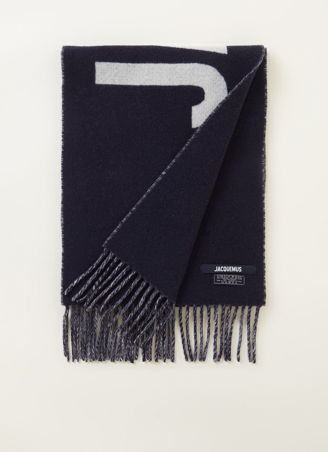 Jacquemus L'Echarpe sjaal van wol met logoprint 180 x 35 cm - voorkant donkerblauw