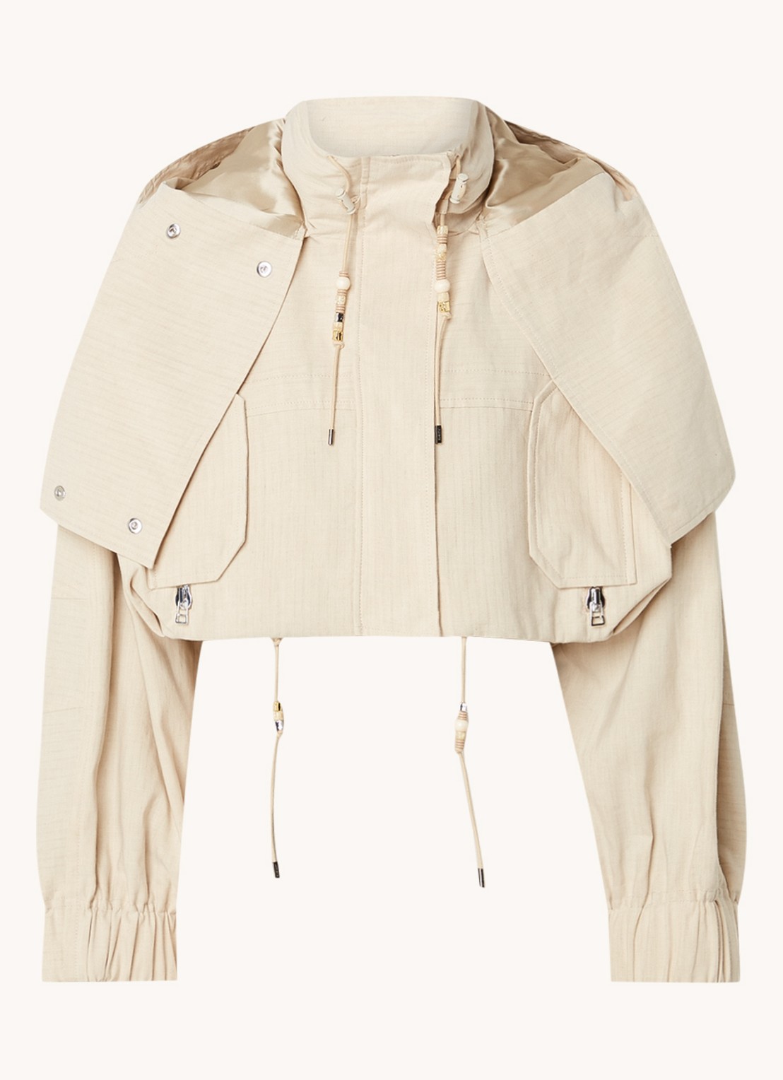 Jacquemus La Parka Raphia cropped parka met ritszakken - voorkant 2 donkerbeige