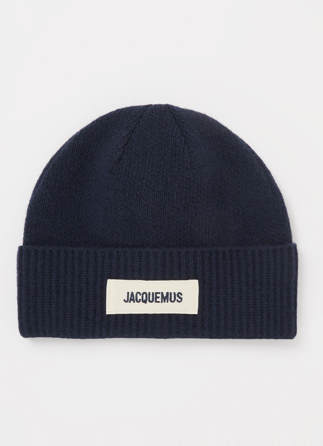 Jacquemus Le Bonnet fijngebreide muts van wol met logo - voorkant donkerblauw